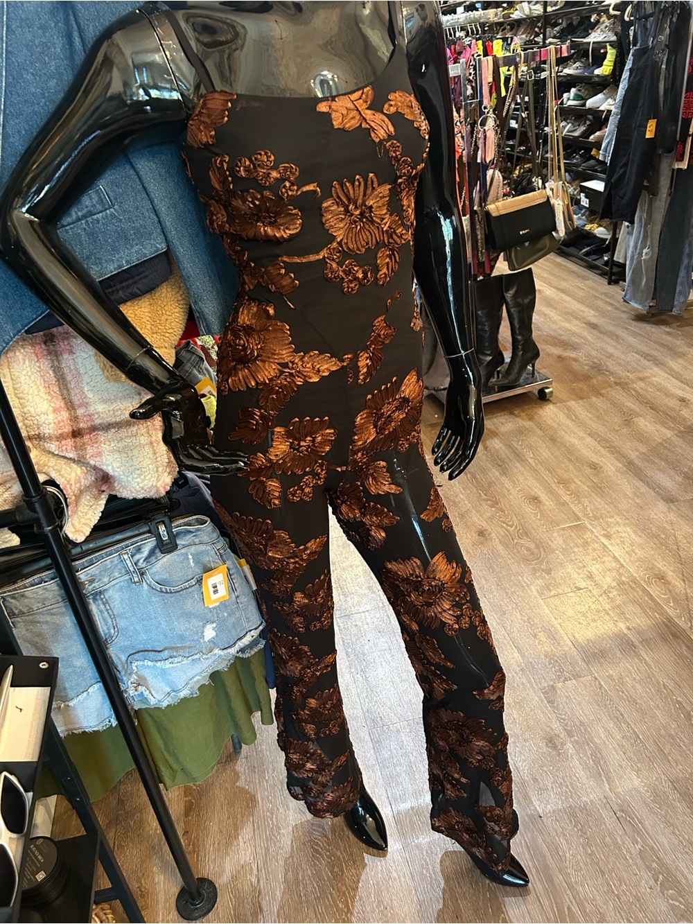 AKIRA Black Strapless Jumpsuit with Brown Floral Print - Picture 5 of 7